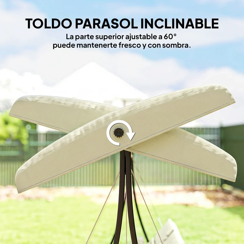 Outsunny Columpio de Jardín Exterior de 3 Plazas, Balancín de Jardín Exterior con Techo Ajustable Cojines, Almohadas y Estructura de Acero, para Terraza, Patio, Carga 320 kg, 202x115x168 cm, Beige