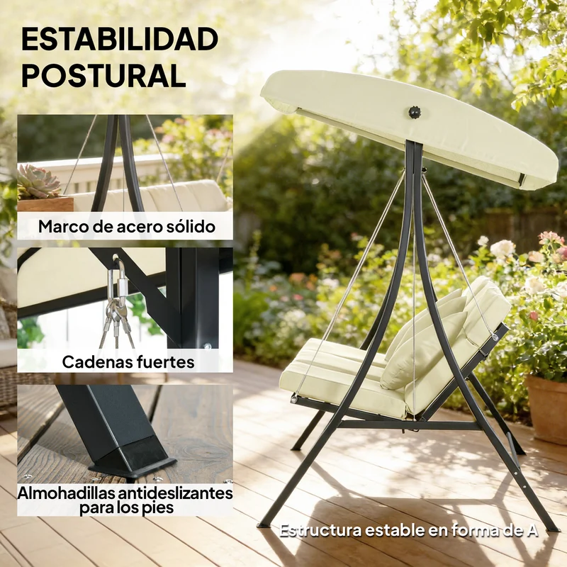 Outsunny Columpio de Jardín Exterior de 3 Plazas, Balancín de Jardín Exterior con Techo Ajustable Cojines, Almohadas y Estructura de Acero, para Terraza, Patio, Carga 320 kg, 202x115x168 cm, Beige