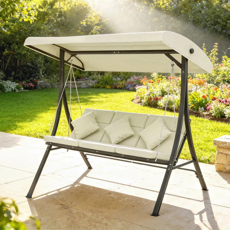 Outsunny Columpio de Jardín Exterior de 3 Plazas, Balancín de Jardín Exterior con Techo Ajustable Cojines, Almohadas y Estructura de Acero, para Terraza, Patio, Carga 320 kg, 202x115x168 cm, Beige