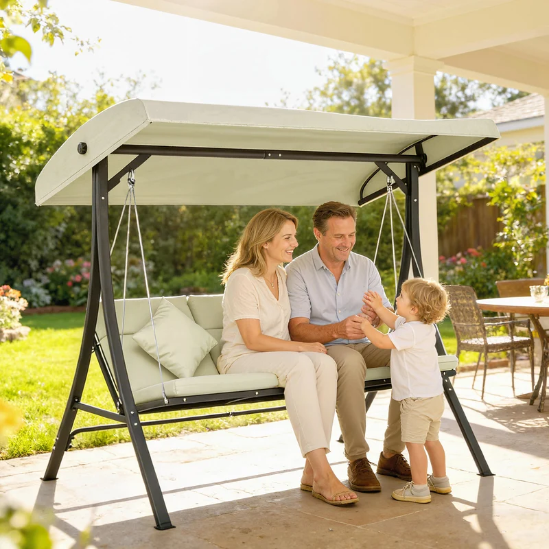 Outsunny Columpio de Jardín Exterior de 3 Plazas, Balancín de Jardín Exterior con Techo Ajustable Cojines, Almohadas y Estructura de Acero, para Terraza, Patio, Carga 320 kg, 202x115x168 cm, Beige