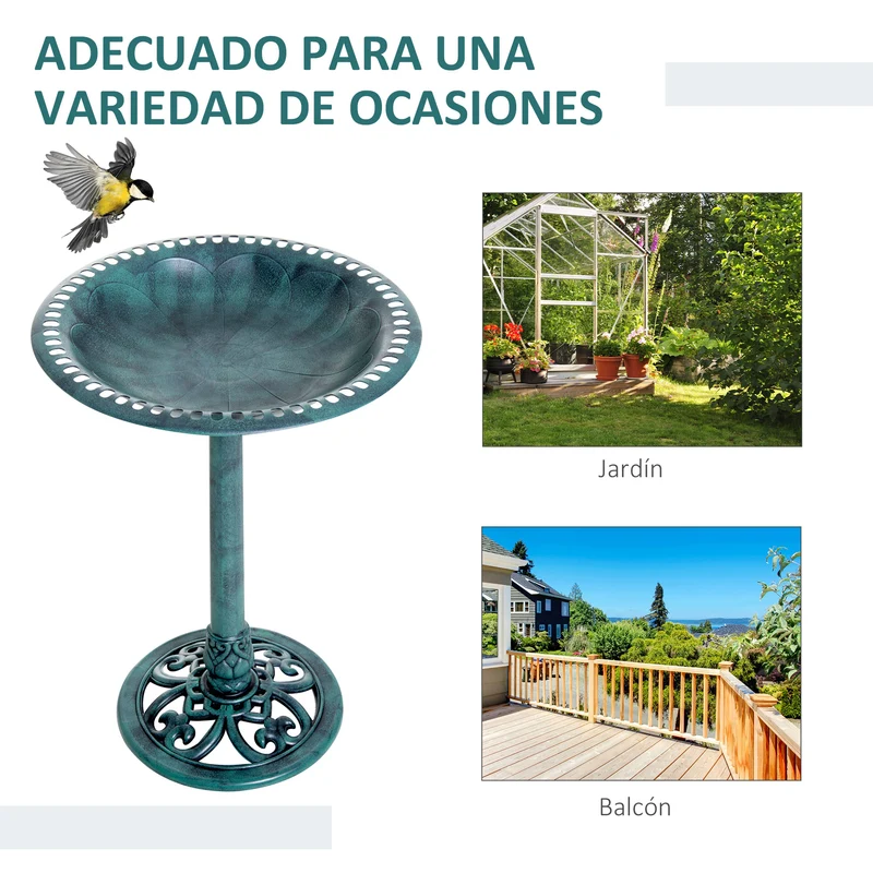 Outsunny Baño para Pájaros de Jardín al Aire Libre, Altura 70 cm, Comedero para Pájaros con Diseño de Flor de Lis y Acabado Envejecido, Ligero y Resistente, Bebedero para Aves, Verde