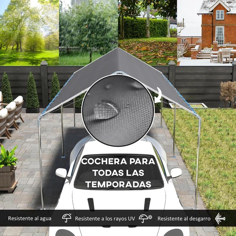 Outsunny Carpa Garaje para Coche 3x6 m, Cochera Exterior Portátil con Marco de Acero Galvanizado, Impermeable, Anti-UV, Pabellón Gazebo de Jardín con Accesorios, para Eventos, Fiestas, Gris