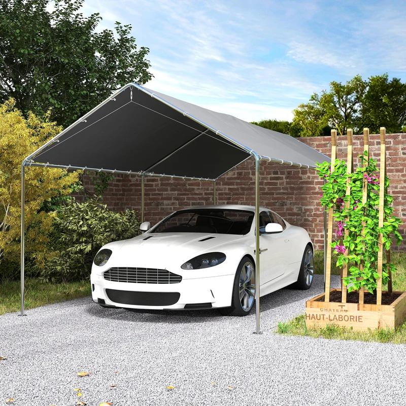 Outsunny Carpa Garaje para Coche 3x6 m, Cochera Exterior Portátil con Marco de Acero Galvanizado, Impermeable, Anti-UV, Pabellón Gazebo de Jardín con Accesorios, para Eventos, Fiestas, Gris