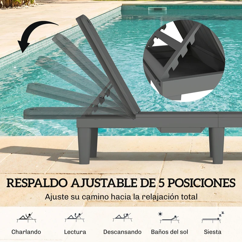 Outsunny Pack de 2 Tumbonas de Jardín Exterior, Tumbonas Reclinables de Plástico PP con Bandeja Lateral, Respaldo Ajustable de 5 Niveles, Resistentes a la Intemperie, para Playa, Piscina, Gris