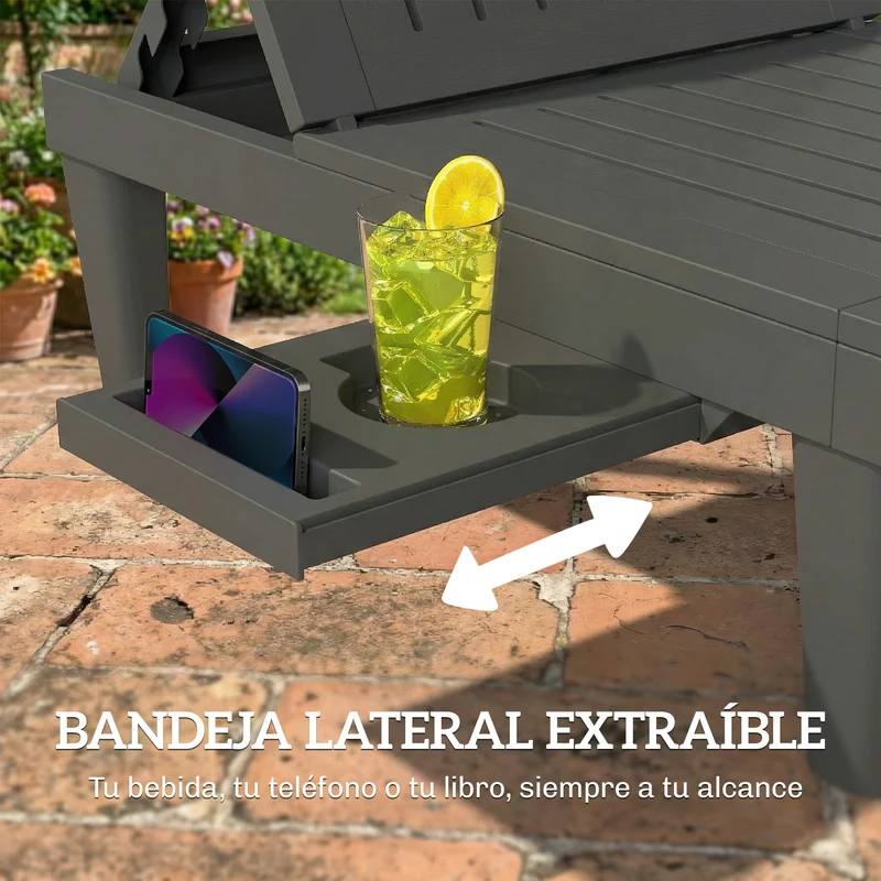 Outsunny Pack de 2 Tumbonas de Jardín Exterior, Tumbonas Reclinables de Plástico PP con Bandeja Lateral, Respaldo Ajustable de 5 Niveles, Resistentes a la Intemperie, para Playa, Piscina, Gris