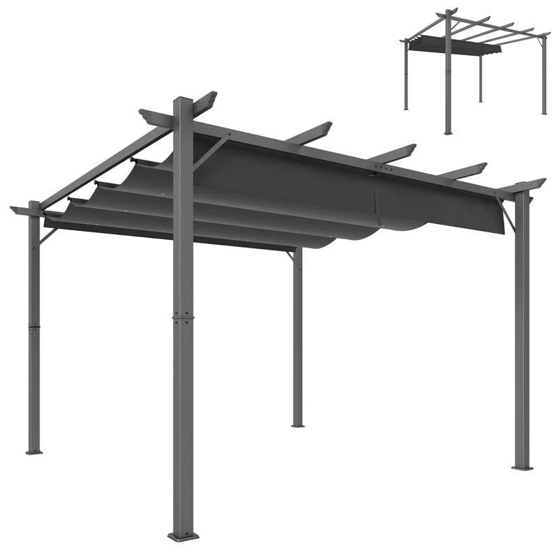 Outsunny Pérgola de Jardín 3x3 m con Techo Retráctil, Cenador de Jardín con Protección UPF30+, Orificios de Drenaje, Estructura de Aluminio, Pabellón para Patio, Terraza, Exterior, Gris Oscuro