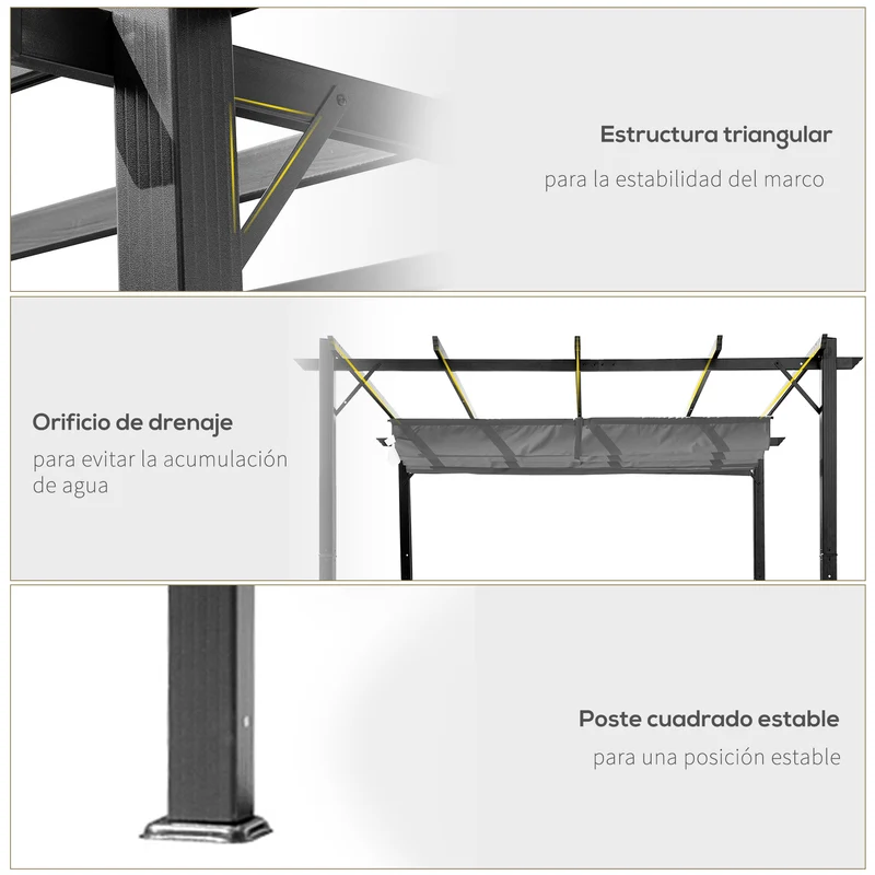 Outsunny Pérgola de Jardín 3x3 m con Techo Retráctil, Cenador de Jardín con Protección UPF30+, Orificios de Drenaje, Estructura de Aluminio, Pabellón para Patio, Terraza, Exterior, Gris Oscuro
