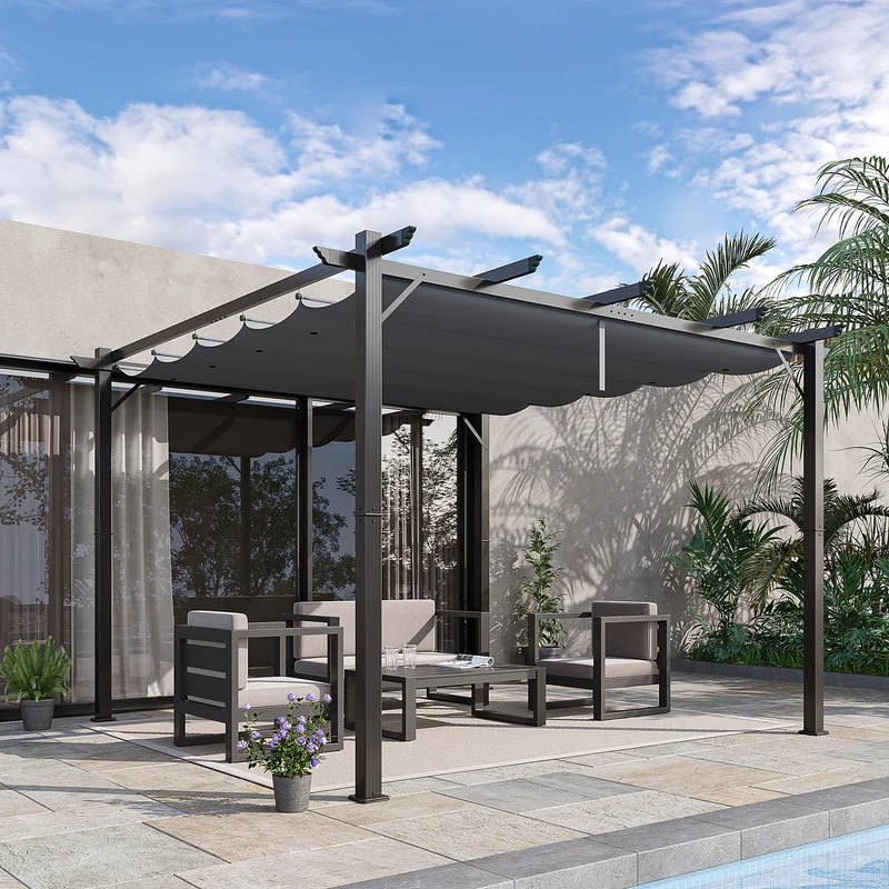 Outsunny Pérgola de Jardín 3x3 m con Techo Retráctil, Cenador de Jardín con Protección UPF30+, Orificios de Drenaje, Estructura de Aluminio, Pabellón para Patio, Terraza, Exterior, Gris Oscuro