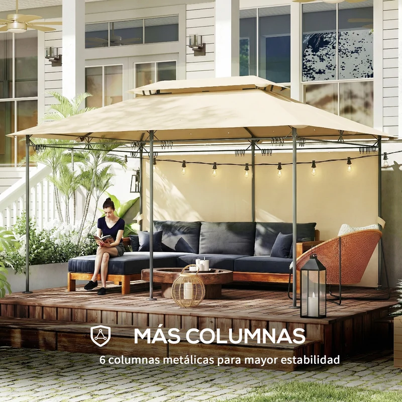 Outsunny Cenador de Jardín 4x3 m, Pabellón de Jardín Gazebo con Doble Techo, 6 Paredes Laterales, Estructura Metálica, Orificios de Drenaje, Carpa para Exterior, Terraza, Patio, Beige