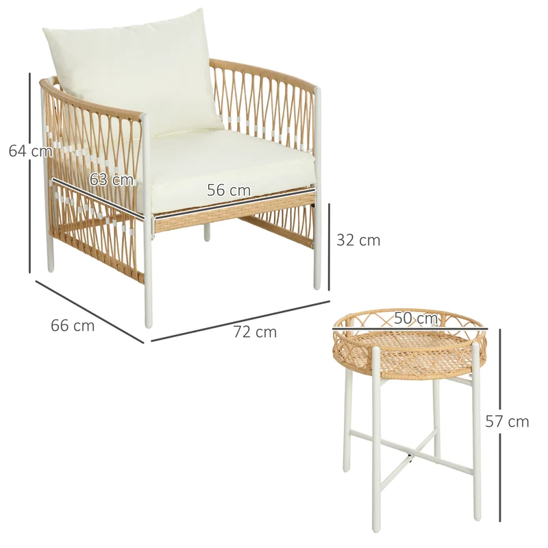 Outsunny Conjunto Jardín Exterior de 3 Piezas, Muebles de Jardín con 2 Sillas, Mesa de Ratán, Cojines Acolchados, Fundas Extraíbles y Marco de Acero, Resistente a la Intemperie, para Balcón, Crema
