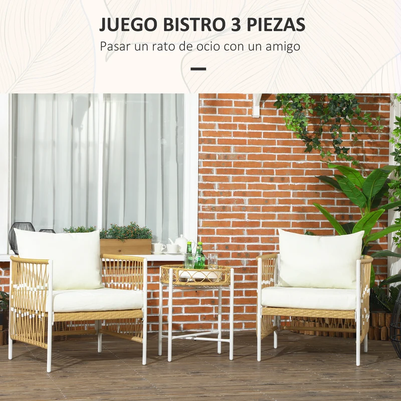 Outsunny Conjunto Jardín Exterior de 3 Piezas, Muebles de Jardín con 2 Sillas, Mesa de Ratán, Cojines Acolchados, Fundas Extraíbles y Marco de Acero, Resistente a la Intemperie, para Balcón, Crema