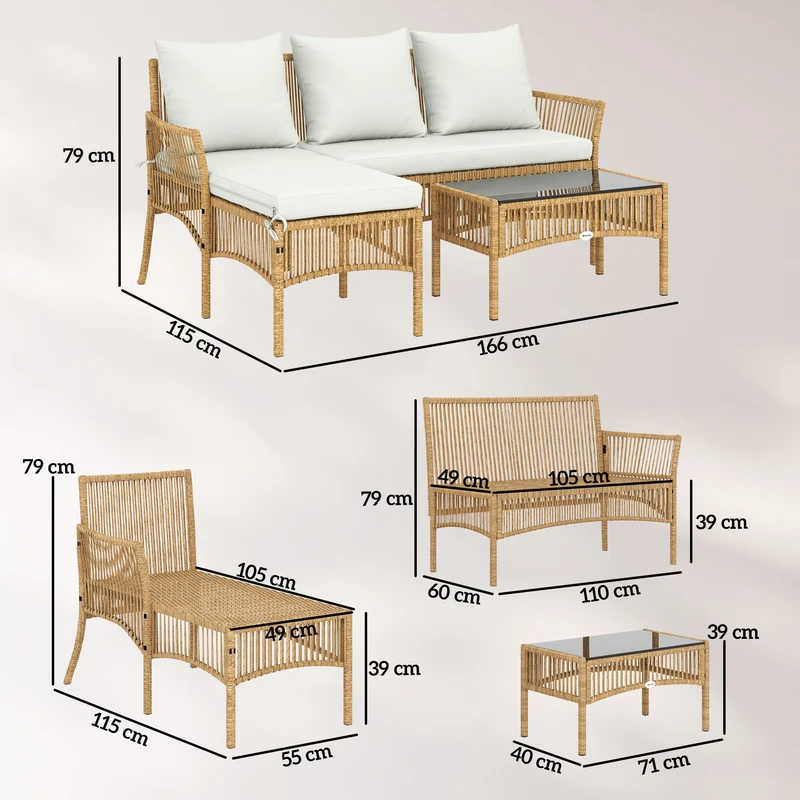 Outsunny Conjunto de Jardín de Ratán de 3 Piezas, Muebles Jardín Exterior Incluye 1 Sofá de 2 Plazas, 1 Sofá Esquinera, 1 Mesa de Centro con Tablero de Vidrio Templado, Cojines, Resistente, Crema