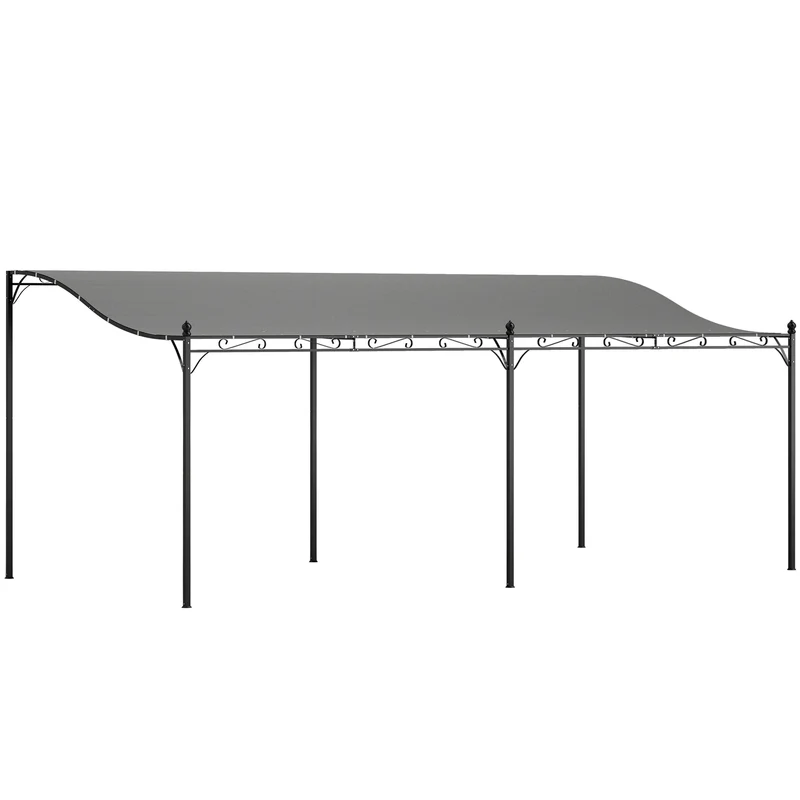 Outsunny Pérgola de Pared de Jardín 3x6 m, Cenador de Jardín con Techo Inclinado, Orificios de Drenaje y Estructura Metálica, Resistente a la Intemperie, para Patio, Terraza, Balcón, Gris Oscuro