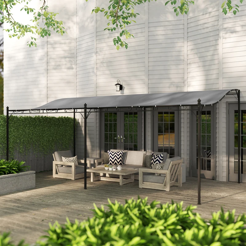 Outsunny Pérgola de Pared de Jardín 3x6 m, Cenador de Jardín con Techo Inclinado, Orificios de Drenaje y Estructura Metálica, Resistente a la Intemperie, para Patio, Terraza, Balcón, Gris Oscuro