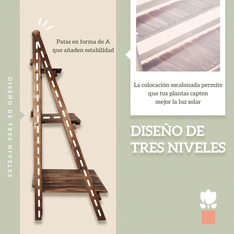Outsunny Soporte para Plantas de Madera de 3 Niveles, Estantería para Plantas Plegable con Base de Listones, Soporte para Macetas para Interior y Exterior, Terraza, Jardín, 100x37x93 cm, Carbonizado