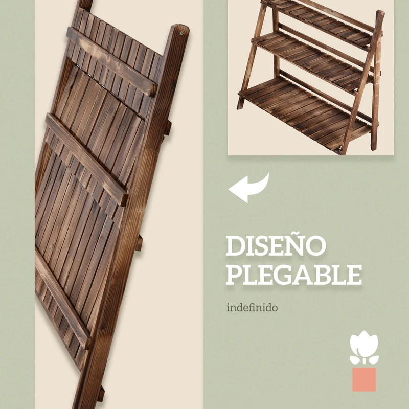 Outsunny Soporte para Plantas de Madera de 3 Niveles, Estantería para Plantas Plegable con Base de Listones, Soporte para Macetas para Interior y Exterior, Terraza, Jardín, 100x37x93 cm, Carbonizado