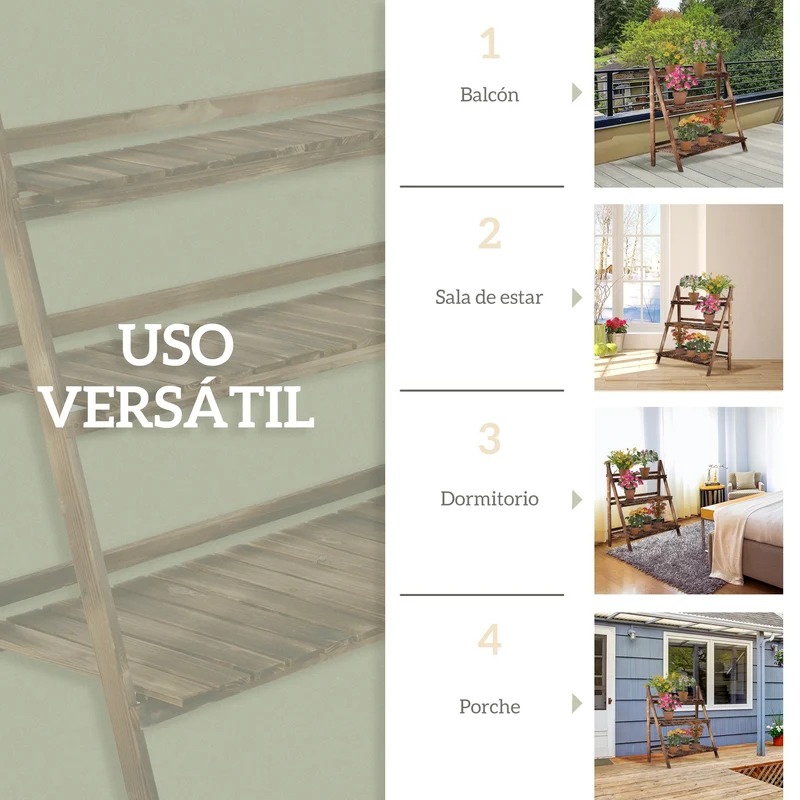Outsunny Soporte para Plantas de Madera de 3 Niveles, Estantería para Plantas Plegable con Base de Listones, Soporte para Macetas para Interior y Exterior, Terraza, Jardín, 100x37x93 cm, Carbonizado