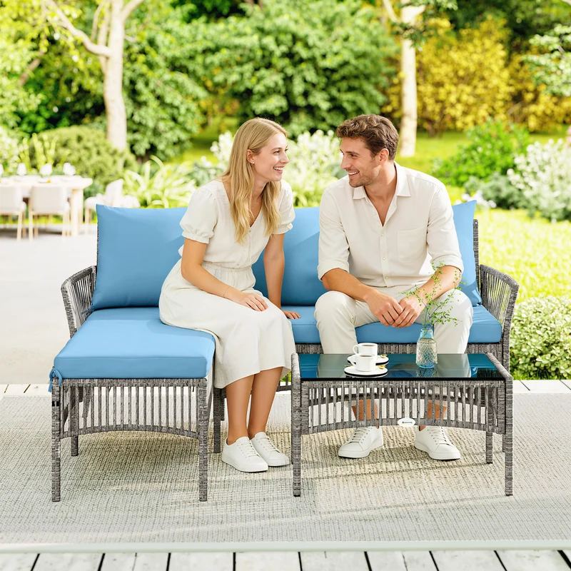 Outsunny Conjunto de Jardín de Ratán de 3 Piezas, Muebles Jardín Exterior Incluye 1 Sofá de 2 Plazas, 1 Sofá Esquinera, 1 Mesa de Centro con Tablero de Vidrio Templado, Cojines, Resistente, Azul Claro