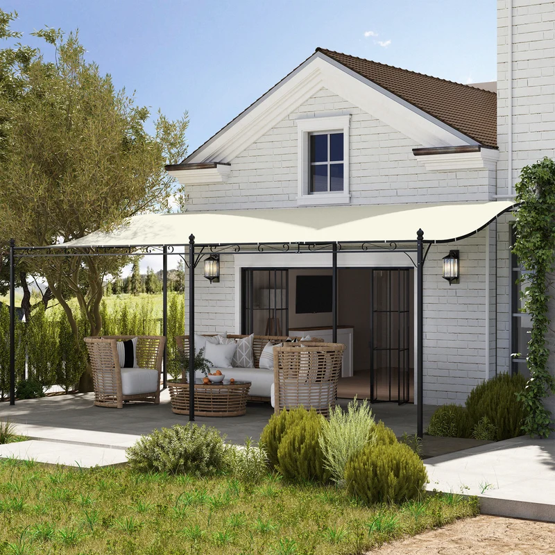 Outsunny Pérgola de Pared de Jardín 3x6 m, Cenador de Jardín con Techo Inclinado, Orificios de Drenaje y Estructura Metálica, Resistente a la Intemperie, para Patio, Terraza, Balcón, Blanco Crema