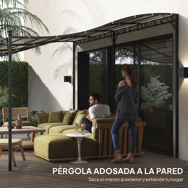 Outsunny Pérgola de Pared de Jardín 3x6 m, Cenador de Jardín con Techo Inclinado, Orificios de Drenaje y Estructura Metálica, Resistente a la Intemperie, para Patio, Terraza, Balcón, Blanco Crema