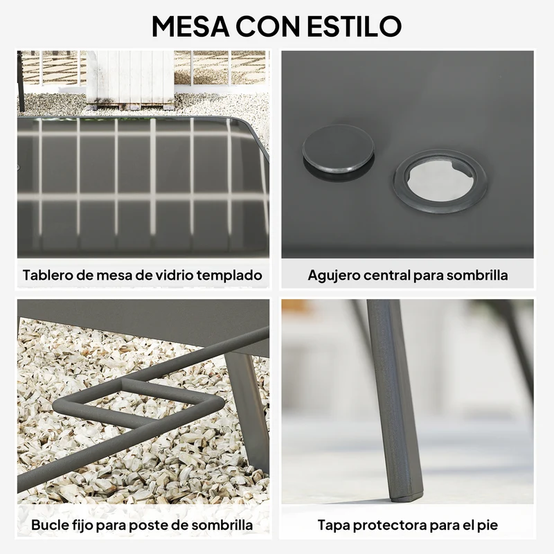 Outsunny Conjunto de Mesa y Sillas Jardín de 7 Piezas, Muebles de Jardín Exterior con Mesa y 6 Sillas para Terraza con Orificio para Sombrilla y Encimera de Cristal, para Terraza Patio, Gris Oscuro