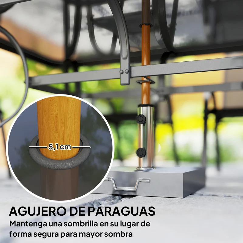 Outsunny Conjunto de Mesa y Sillas Jardín de 7 Piezas, Muebles de Jardín Exterior con Mesa y 6 Sillas para Terraza con Orificio para Sombrilla y Encimera de Cristal, para Terraza Patio, Gris Oscuro