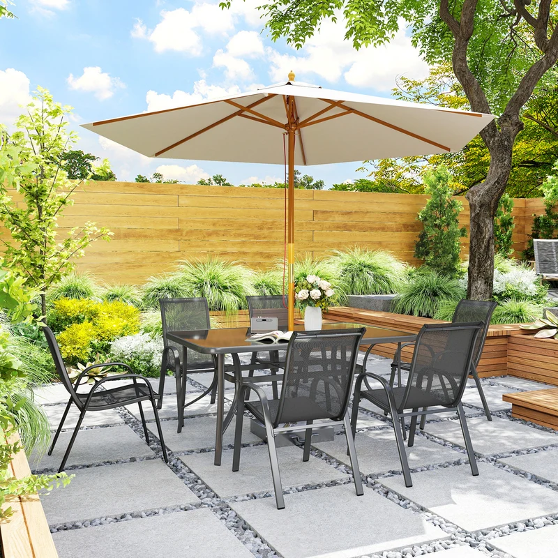 Outsunny Conjunto de Mesa y Sillas Jardín de 7 Piezas, Muebles de Jardín Exterior con Mesa y 6 Sillas para Terraza con Orificio para Sombrilla y Encimera de Cristal, para Terraza Patio, Gris Oscuro