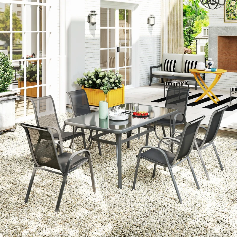 Outsunny Conjunto de Mesa y Sillas Jardín de 7 Piezas, Muebles de Jardín Exterior con Mesa y 6 Sillas para Terraza con Orificio para Sombrilla y Encimera de Cristal, para Terraza Patio, Gris Oscuro