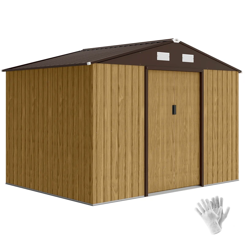 Outsunny Caseta de Jardín Exterior 4,9 m², 277x195x192 cm, Cobertizo de Jardín Exterior Metálico con Puerta Corredera, Ventilación y Kit de Fundación, para Almacenamiento de Herramientas, Marrón Claro