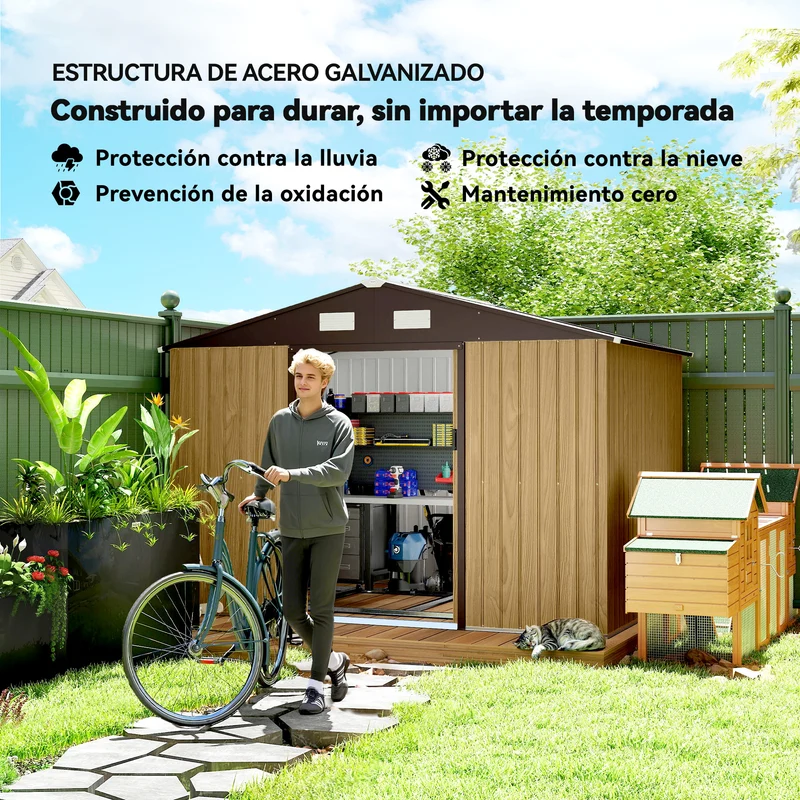 Outsunny Caseta de Jardín Exterior 4,9 m², 277x195x192 cm, Cobertizo de Jardín Exterior Metálico con Puerta Corredera, Ventilación y Kit de Fundación, para Almacenamiento de Herramientas, Marrón Claro