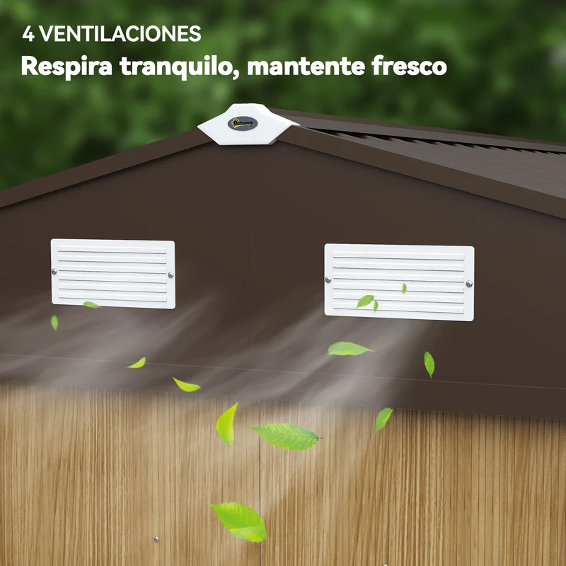 Outsunny Caseta de Jardín Exterior 4,9 m², 277x195x192 cm, Cobertizo de Jardín Exterior Metálico con Puerta Corredera, Ventilación y Kit de Fundación, para Almacenamiento de Herramientas, Marrón Claro