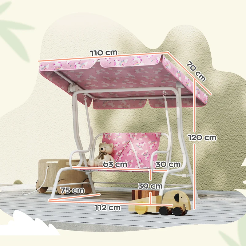 AIYAPLAY Columpio de Jardín Exterior para Niños de 2 Plazas, Balancín de Jardín, Toldo Ajustable, con Cinturones de Seguridad, Diseño de Unicornio y Arcoíris, para Interior, Patio, 112x75x120 cm, Rosa