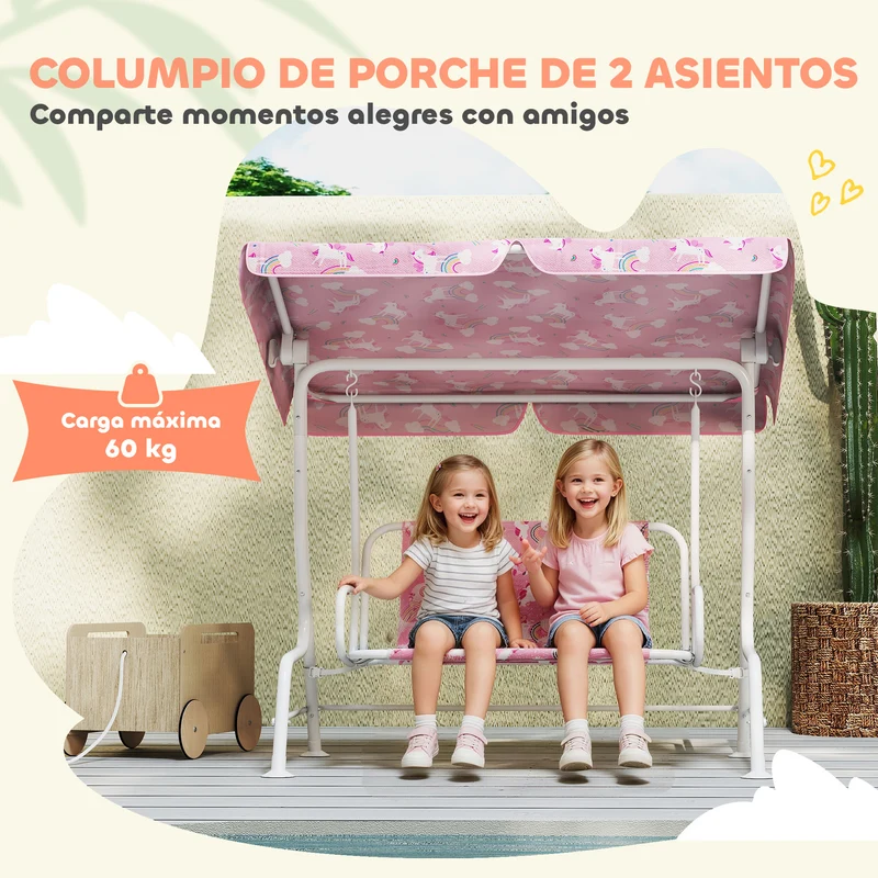 AIYAPLAY Columpio de Jardín Exterior para Niños de 2 Plazas, Balancín de Jardín, Toldo Ajustable, con Cinturones de Seguridad, Diseño de Unicornio y Arcoíris, para Interior, Patio, 112x75x120 cm, Rosa