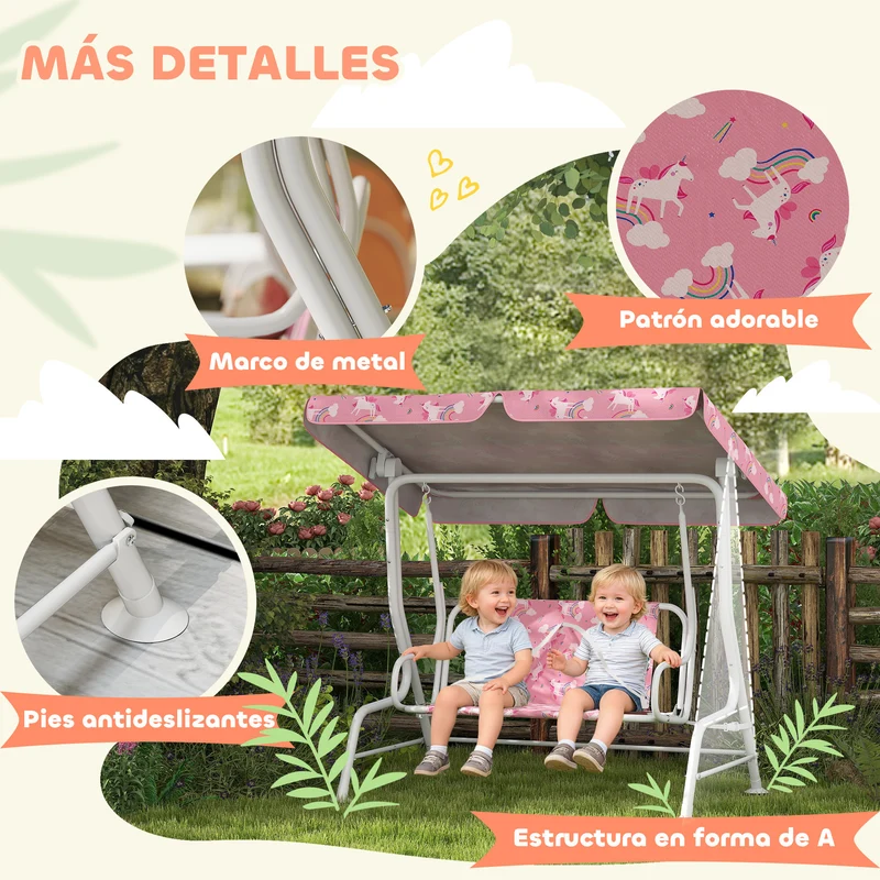AIYAPLAY Columpio de Jardín Exterior para Niños de 2 Plazas, Balancín de Jardín, Toldo Ajustable, con Cinturones de Seguridad, Diseño de Unicornio y Arcoíris, para Interior, Patio, 112x75x120 cm, Rosa