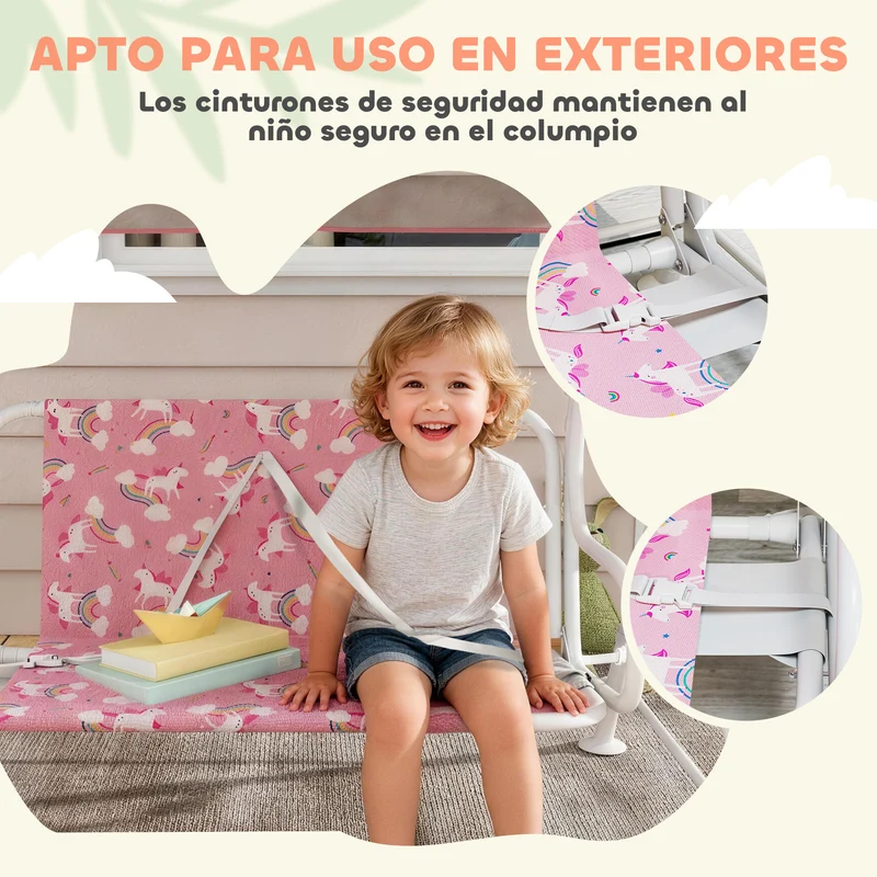 AIYAPLAY Columpio de Jardín Exterior para Niños de 2 Plazas, Balancín de Jardín, Toldo Ajustable, con Cinturones de Seguridad, Diseño de Unicornio y Arcoíris, para Interior, Patio, 112x75x120 cm, Rosa