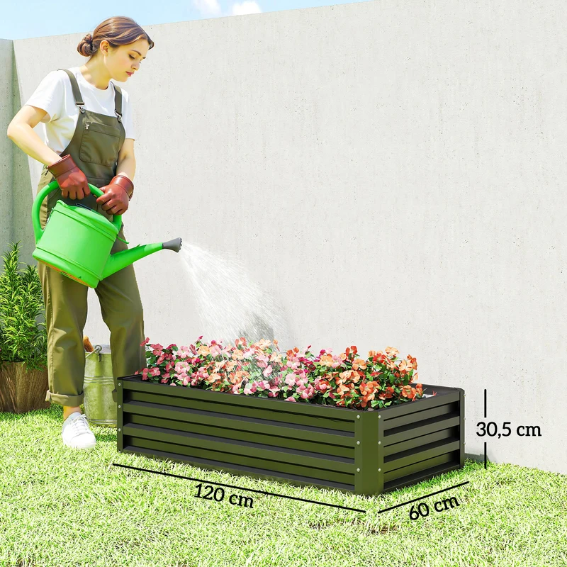 Outsunny Jardinera Exterior Grande de Acero Galvanizado, Huerto Urbano Elevado para Cultivar Plantas, Flores, Hierba, Macetero Exterior Rectangular con Fondo Abierto, 120x60x30,5 cm, Gris