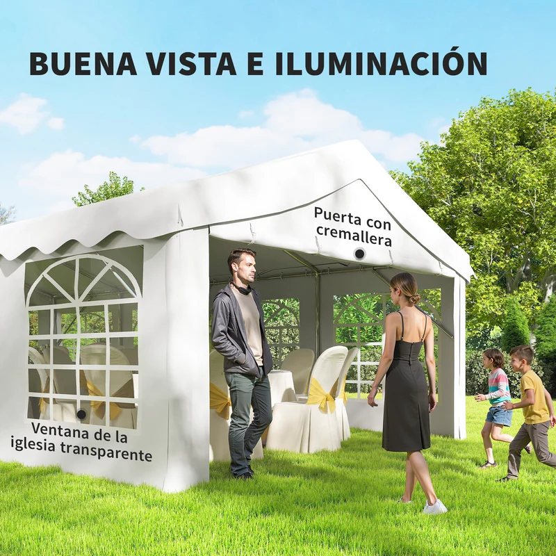Outsunny Carpa para Fiesta 4x8 m, Carpa de Jardín con Estructura de Acero Galvanizado, Paredes Laterales Extraíbles, Puerta con Cremallera y Ventanas, UPF50+, Cenador Gazabo para Boda, Eventos, Blanco