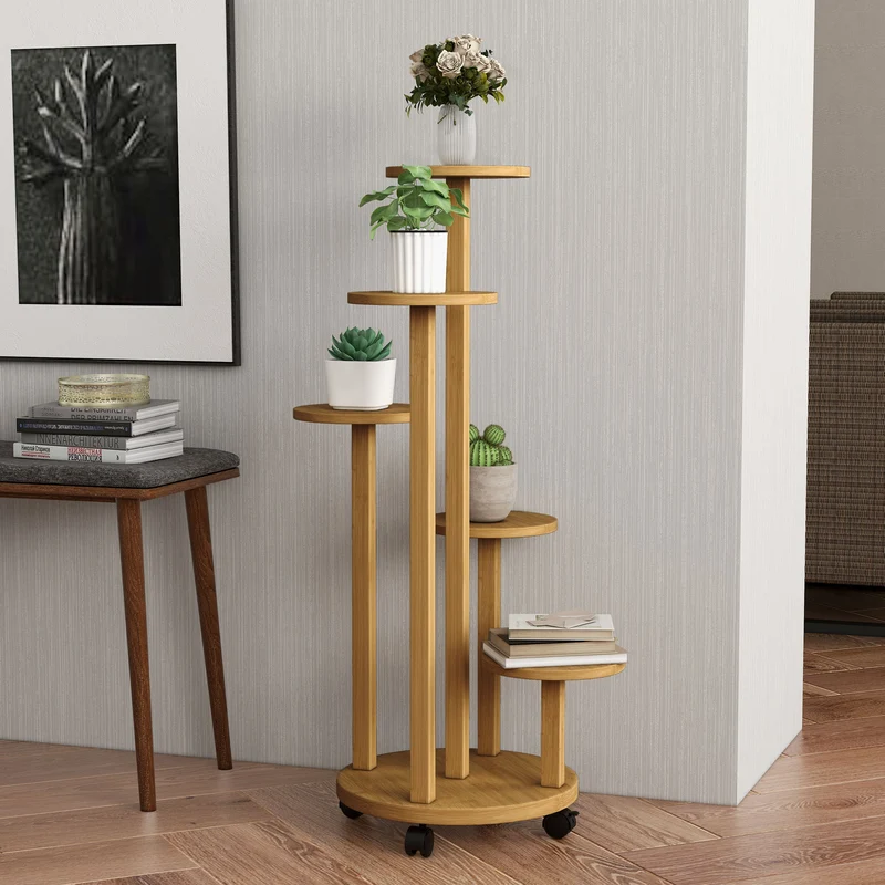 Outsunny Soporte para Plantas de Bambú con Ruedas de 5 Niveles, Estantería Redonda para Plantas para Esquina, Soporte para Macetas, Interior y Exterior, 33x33x90 cm, Natural