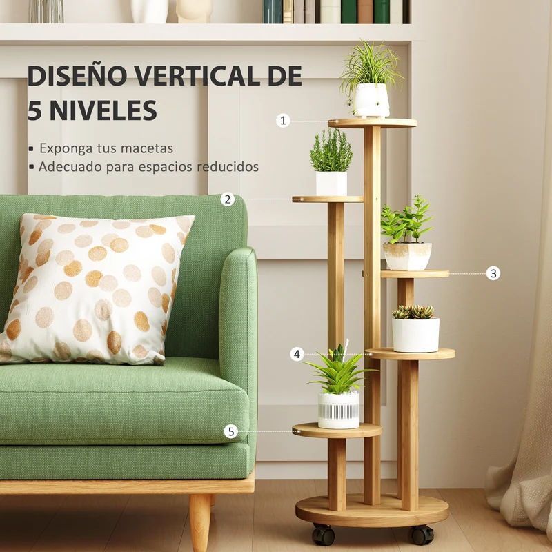 Outsunny Soporte para Plantas de Bambú con Ruedas de 5 Niveles, Estantería Redonda para Plantas para Esquina, Soporte para Macetas, Interior y Exterior, 33x33x90 cm, Natural