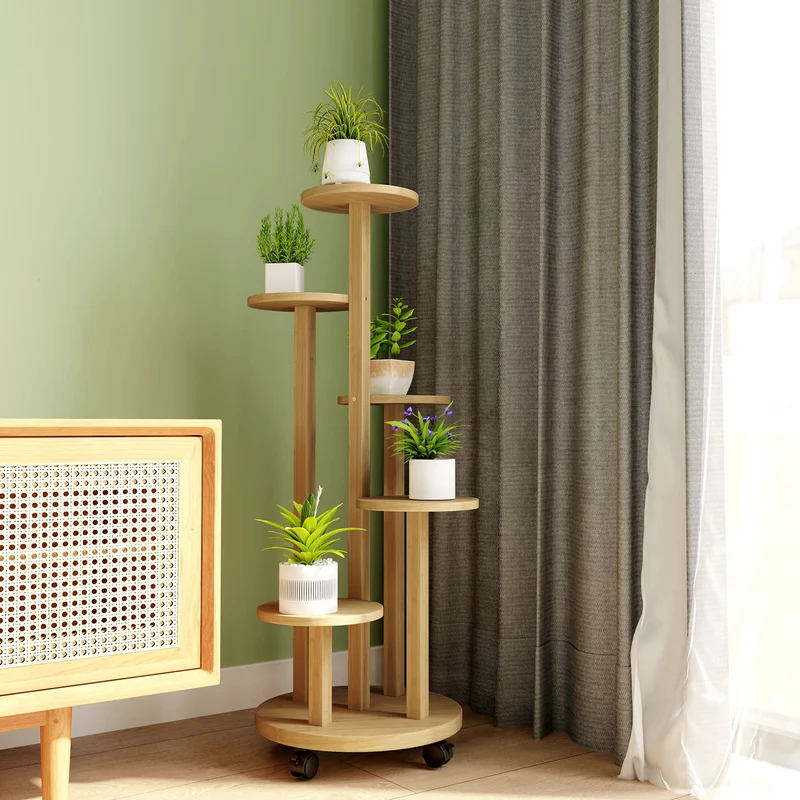 Outsunny Soporte para Plantas de Bambú con Ruedas de 5 Niveles, Estantería Redonda para Plantas para Esquina, Soporte para Macetas, Interior y Exterior, 33x33x90 cm, Natural