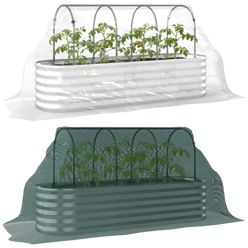 Outsunny Jardinera Exterior Grande con Cubierta de Invernadero y Malla, Huerto Urbano de Acero Galvanizado con Fondo Abierto, Resistente a la Intemperie, para Patio, Terraza, 200x60x103 cm, Plateado