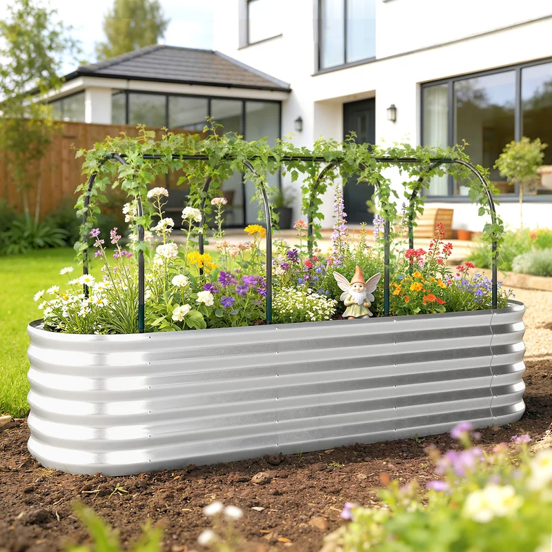 Outsunny Jardinera Exterior Grande con Cubierta de Invernadero y Malla, Huerto Urbano de Acero Galvanizado con Fondo Abierto, Resistente a la Intemperie, para Patio, Terraza, 200x60x103 cm, Plateado