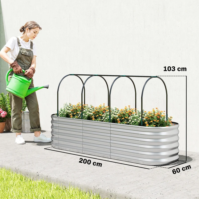 Outsunny Jardinera Exterior Grande con Cubierta de Invernadero y Malla, Huerto Urbano de Acero Galvanizado con Fondo Abierto, Resistente a la Intemperie, para Patio, Terraza, 200x60x103 cm, Plateado