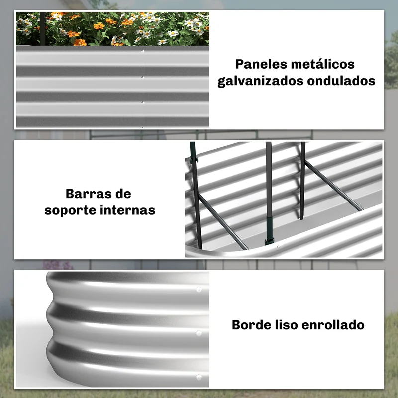 Outsunny Jardinera Exterior Grande con Cubierta de Invernadero y Malla, Huerto Urbano de Acero Galvanizado con Fondo Abierto, Resistente a la Intemperie, para Patio, Terraza, 200x60x103 cm, Plateado