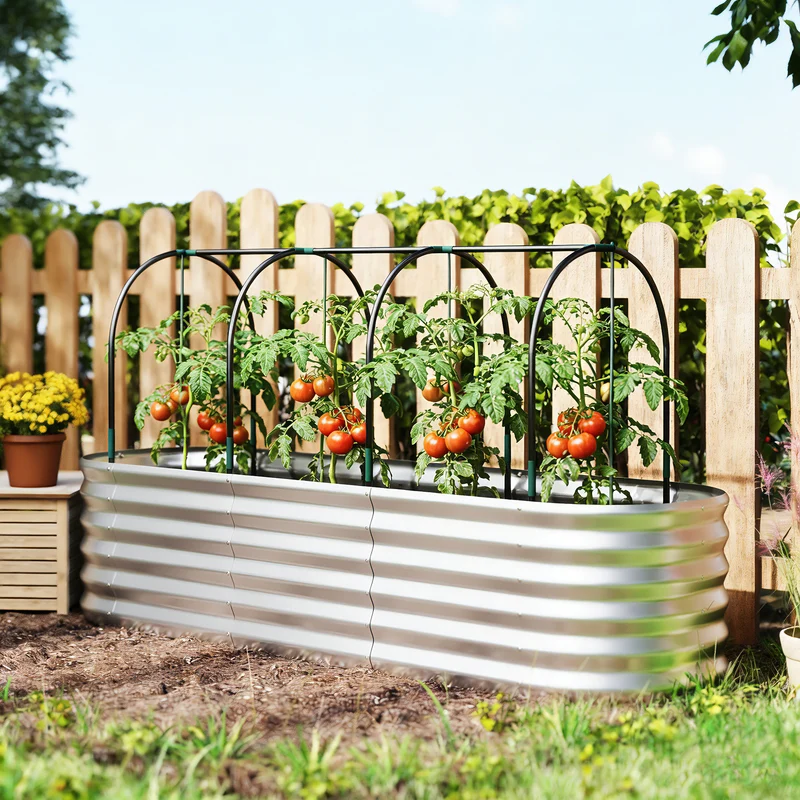 Outsunny Jardinera Exterior Grande con Cubierta de Invernadero y Malla, Huerto Urbano de Acero Galvanizado con Fondo Abierto, Resistente a la Intemperie, para Patio, Terraza, 200x60x103 cm, Plateado