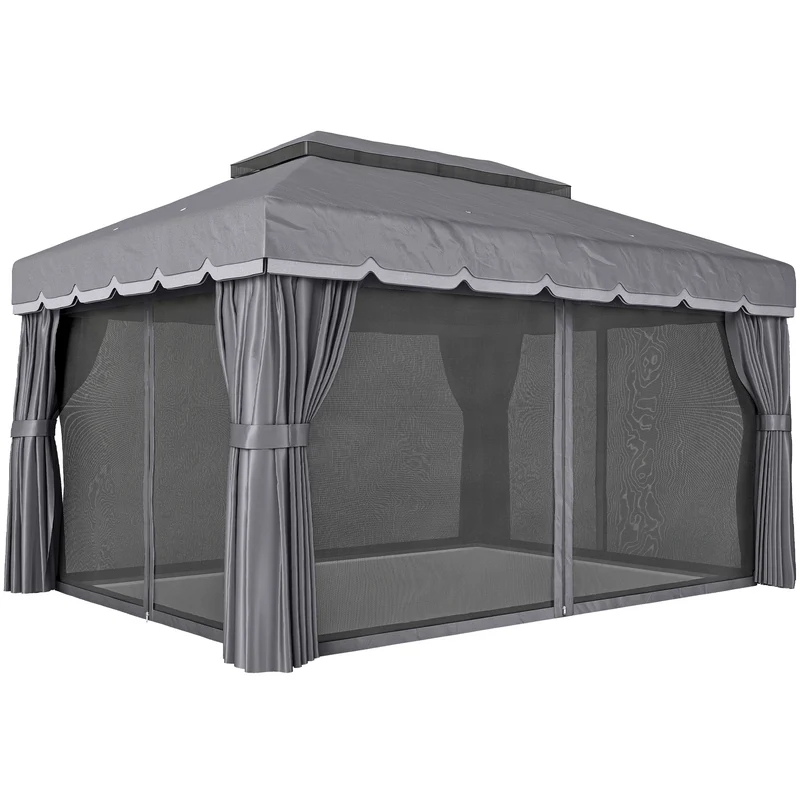 Outsunny Cenador de Jardín 4x3 m, Pabellón de Jardín Gazebo con Doble Techo, 4 Cortinas y Mosquitera, Marco de Aluminio, Orificios de Drenaje, UPF50+, Carpa para Exterior, Terraza, Patio, Gris Oscuro