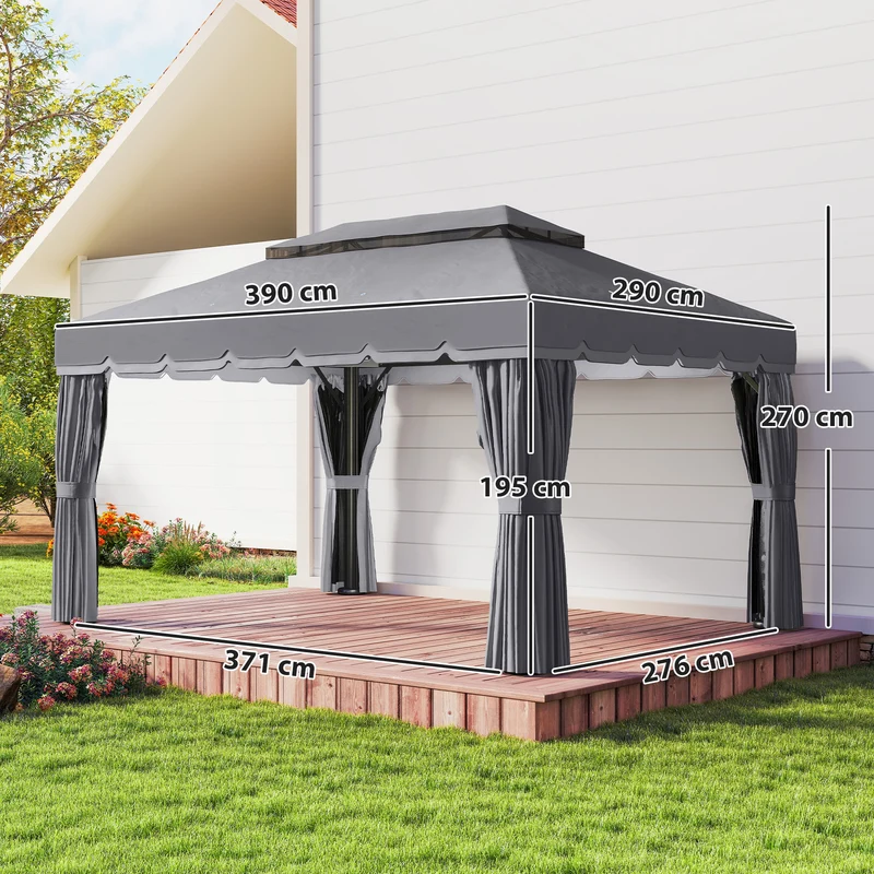 Outsunny Cenador de Jardín 4x3 m, Pabellón de Jardín Gazebo con Doble Techo, 4 Cortinas y Mosquitera, Marco de Aluminio, Orificios de Drenaje, UPF50+, Carpa para Exterior, Terraza, Patio, Gris Oscuro