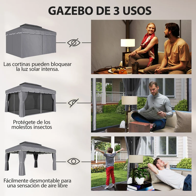 Outsunny Cenador de Jardín 4x3 m, Pabellón de Jardín Gazebo con Doble Techo, 4 Cortinas y Mosquitera, Marco de Aluminio, Orificios de Drenaje, UPF50+, Carpa para Exterior, Terraza, Patio, Gris Oscuro