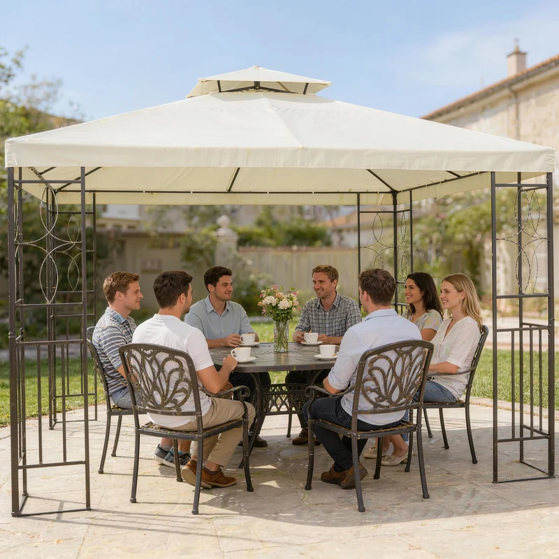 Outsunny Cenador de Jardín 4x3 m, Pabellón de Jardín Gazebo con Doble Techo, Marco de Acero, 8 Orificios de Drenaje, UPF30+, Carpa para Exterior, Terraza, Patio, Fiestas, Blanco Crema