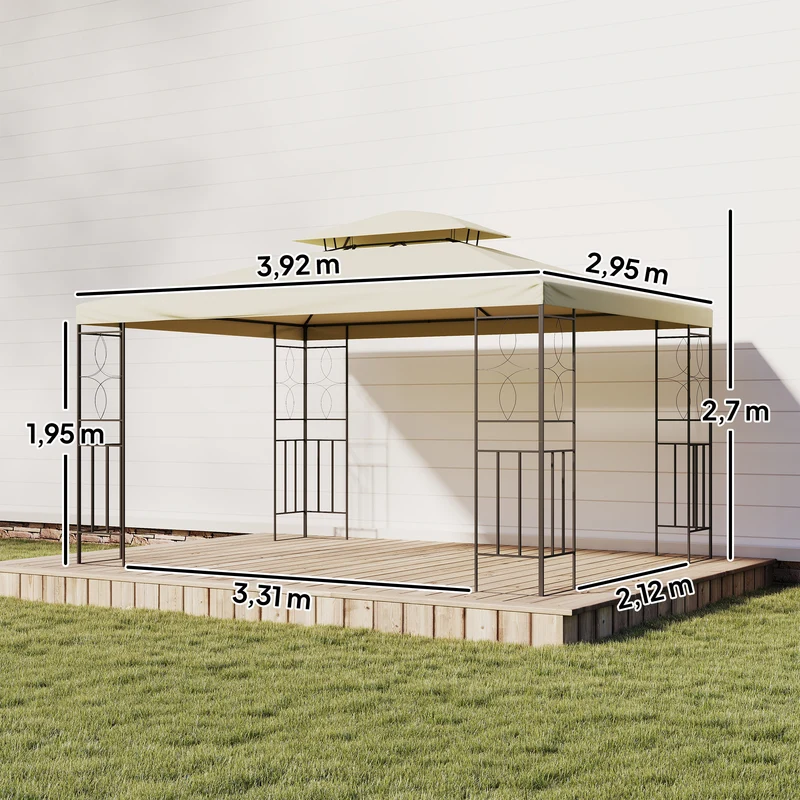Outsunny Cenador de Jardín 4x3 m, Pabellón de Jardín Gazebo con Doble Techo, Marco de Acero, 8 Orificios de Drenaje, UPF30+, Carpa para Exterior, Terraza, Patio, Fiestas, Blanco Crema